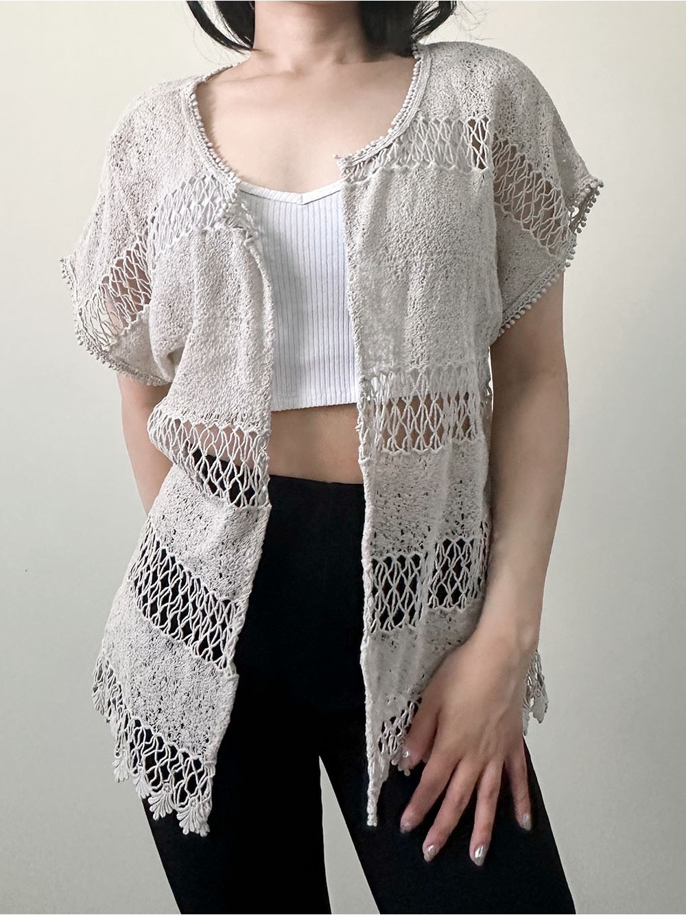 Lagenlook Italian-Made Cotton Open-front Crochet Knit Cardigan OS